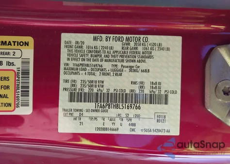 2020 Ford Mustang Ecoboost Fastback z USA, uszkodzony, nr VIN 1FA6P8TH8L5169766